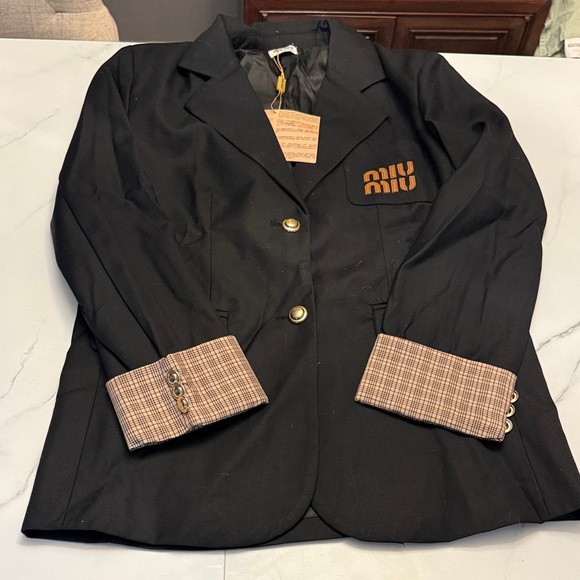 Miu Miu Black Blazer with Tan Plaid Cuffs - Picture 1 of 6